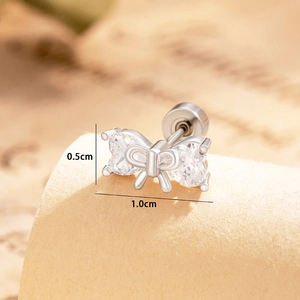 Cute silver bow stud earrings with heart stones and screw back, size 0.5cm by 1.0cm