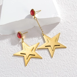 Golden double-layered star stud earrings with red ruby gemstone in minimalist titanium steel