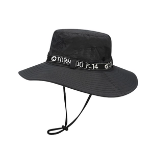 Chapeau de pêche extérieur noir à large bord avec maille respirante et cordon réglable