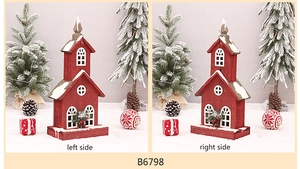 Dual view of a red wooden Christmas church with snowy eaves and micro pine trees