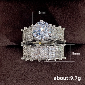 Luxurious double-layer silver wedding rings set with 8mm zircon and 9.7g weight