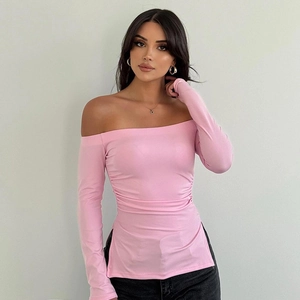 Haut À Épaules Dénudées Manches Longues Côté Froncé Ourlet Fendu Polyester Élasthanne Coupe Ajustée Décontracté