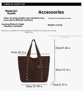Detailed size guide for the rivet tote bag with measurements in cm and inches