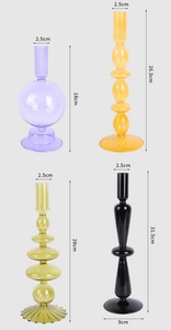 Detailed dimension guide for vintage glass candle holders in various colors and heights
