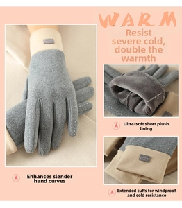 Detail of gray plush thermal gloves featuring thick fleece lining and long windproof cuffs
