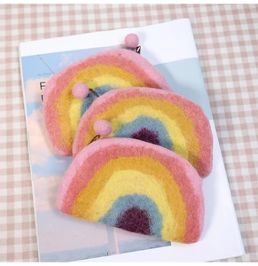 Detailed texture of multi-color rainbow wool felt coin purse and card holder pouch