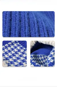 Detail of blue knit beanie showing houndstooth pattern and thick faux fur lining