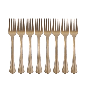 Set of eight elegant gold disposable plastic forks with stylish ribbed handle design