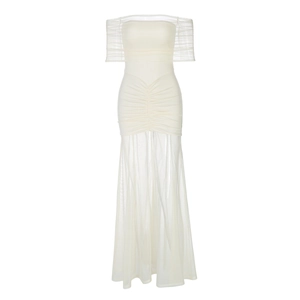 Detailed view of the elegant ruched mesh texture and off-shoulder layering on the cream dress