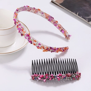Floral crystal hairband and comb set with colorful stones and pearls on white background