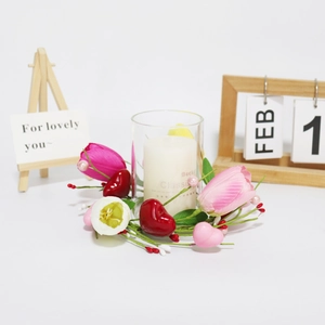 Artificial Tulip Heart Berry Candle Ring Wreath Polyester Foam Iron Floral Decor For Valentine Mother Day