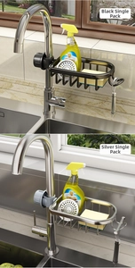 Detail of black and silver kitchen faucet storage racks showing buckle installation
