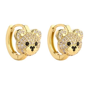 Macro shot of teddy bear hoop earrings with sparkling pavé cubic zirconia and gold finish