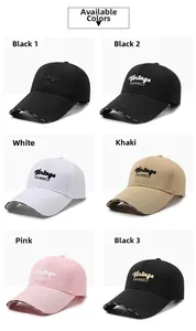 Collage of baseball caps in various colors with embroidery and long visor detail