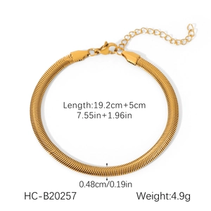 Macro view of golden stainless steel snake chain bracelet with size measurements