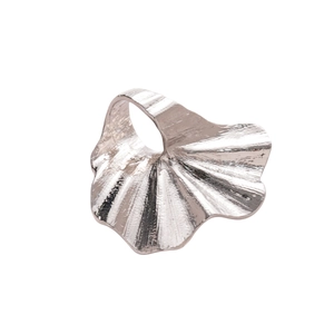 Silver wrinkled floral metal ring featuring an oversized organic leaf design with pleats