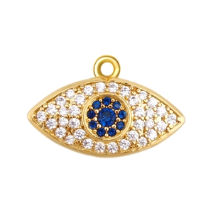 Macro detail of gold-plated evil eye charm with blue zircon and clear micro-paved crystals