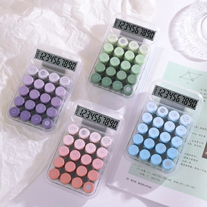 Colorful 12-digit transparent desktop calculators with large round buttons in 4 colors