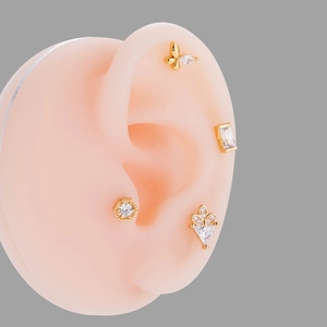 Detail of gold butterfly and geometric zircon cartilage studs on ear model