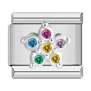 Italian charm link in stainless steel featuring star design with six colorful zircons