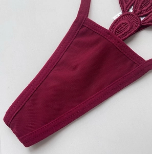 Close-up of wine red lace embroidery and mesh fabric detail on sexy hollow thong