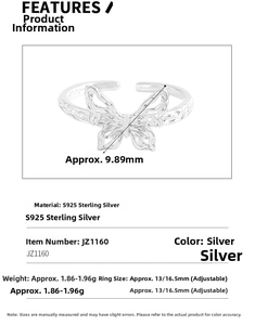 Detailed view of S925 sterling silver butterfly ring with hollow texture and size specifications