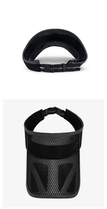 Close-up of adjustable buckle and breathable honeycomb mesh on black sun visor hat