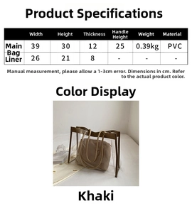 Size chart for transparent PVC tote bag including dimensions for main bag and inner pouch