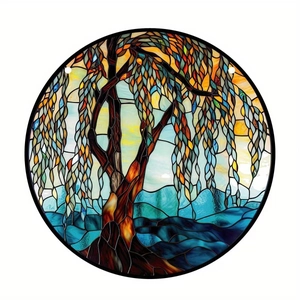 Gros plan d'un ornement circulaire en acrylique avec un motif d'arbre d'automne coloré