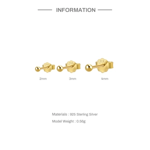 Detailed view of 2mm, 3mm, 4mm gold S925 sterling silver ball stud earrings set