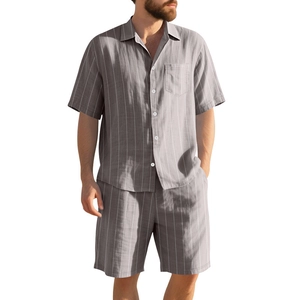 Men's summer linen set featuring vertical stripes short sleeve shirt and beach shorts