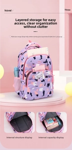 Detail view of purple girls' backpack showing multi-layer compartments for school supplies