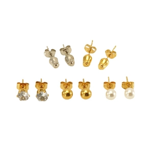 Set of 5 pairs of stainless steel stud earrings with rose, pearl and zircon designs