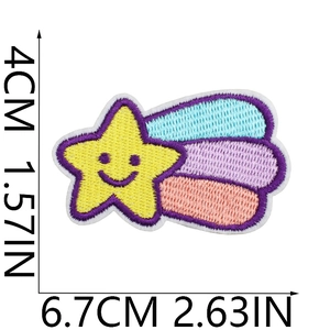 Detailed view of a colorful star embroidery patch with measurement labels 4x6.7cm