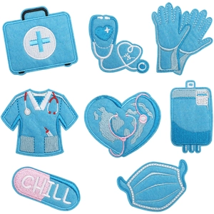 8-piece medical nursing theme embroidery patches kit featuring blue first aid icons