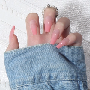Long Coffin Press On Nails Pink Ombre Gradient Glossy Resin Full Cover Fake Nail Tips For Women DIY Manicure Fashion