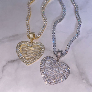 Heart Pendant Necklace And Stud Earrings Brass AAA Zircon Iced Out Hip Hop Fashion Plated Jewelry For Women