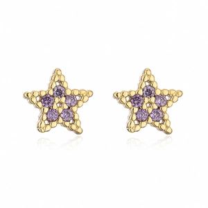 Detail of star-shaped 18K gold earrings with purple cubic zirconia micro-inlay