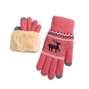 Pink knit touch screen gloves with elk pattern and warm beige faux fur lining