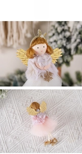 Detailed close-up of Christmas angel plush pendant with gold wings and pearl crown