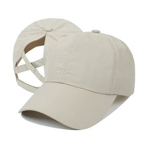 Women's ponytail mesh baseball cap in beige featuring criss-cross elastic bands