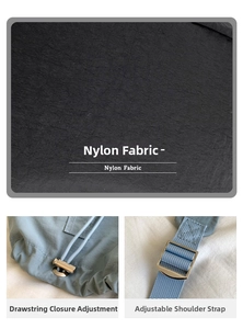 Dettaglio in nylon nero impermeabile con coulisse azzurra e fibbia regolabile in metallo