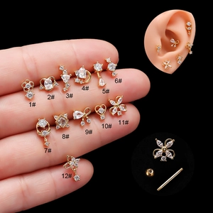 Cartilage Stud Earrings Stainless Steel Threaded Screw Back Zirconia Heart Moon Star Piercing Jewelry For Women