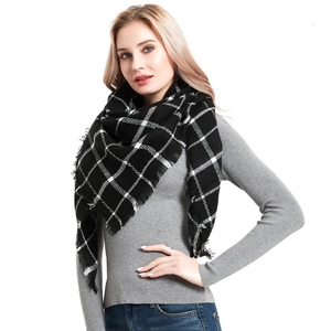 Classic black and white plaid cashmere-like triangle scarf with fringe for women