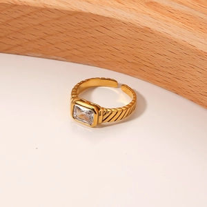Minimalist 18k gold plated stainless steel square zircon ring with adjustable band