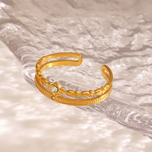 Double-layered 18K gold plated stainless steel open ring with sparkling white zircons