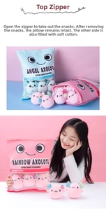 Plush snack bag pillow featuring a clear window with small cute axolotl stuffed animals