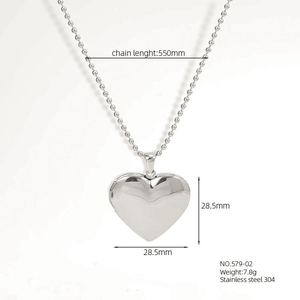 Polished heart locket necklace in stainless steel with 550mm bead chain for women