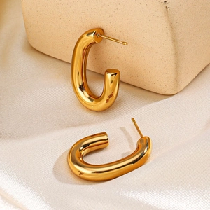 Chunky C Shape Hoop Earrings 18K Gold Plated Stainless Steel Hollow Oval Geometric Mirror Polished Jewelry For Women