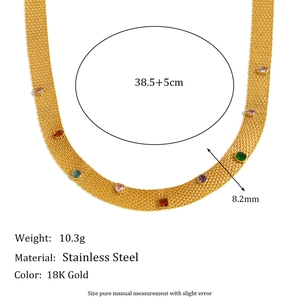 18K gold plated stainless steel mesh necklace with multi-color zircon stones and dimensions